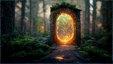 Spectacular Fantasy Scene With A Portal Archway Covered In Creepers. In The Fantasy World, Ancient Magical Stone Gate Show Another Dimension. Digital Art 3D Illustration.
