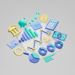 Wall Mural - Finance consulting investment business money coins banknotes banking office analysis growth arrow chart report  balance calculator statistic tax financial savings concept. 3d rendering.