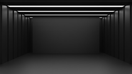 Dark black empty architecture interior space room studio background backdrop wall display products minimalistic. 3d rendering.