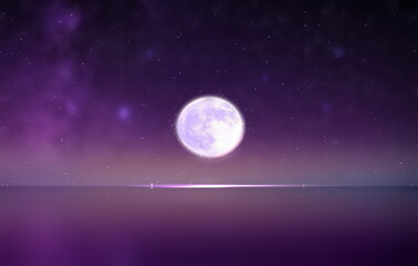 Wall Mural - moon on blue lilac starry sky reflection on sea with planet flares universe nebula