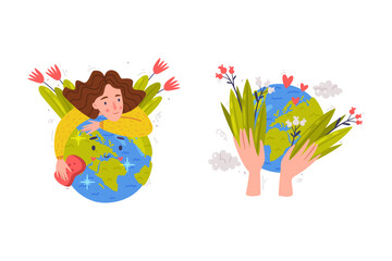 Canvas Print - Save the Earth concept. Earth planet with flowers. Beautiful woman hugging flowering globe cartoon vector illustration