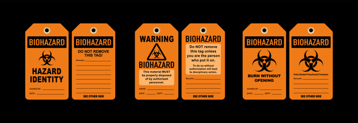 Biohazard tag vector illustrations. front and back templates of three different designs. Isolated on black background.