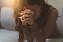 Christian Woman Praying For God Blessing.