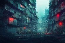 Empty Post Apocalyptic City Landscape. Digital Painting Of Building In Ruins, Destroyed. Futuristic Slum. Broken, Deserted Cityscape. Post-war Scenery, Abandoned House. Digital Painting Of Demolition.