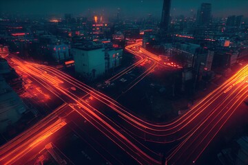 Wall Mural - busy city street at night. road with cars leaving light trails. colorful abstract background. digita
