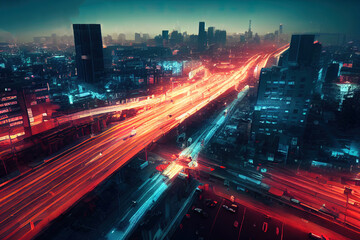 Wall Mural - busy city street at night. road with cars leaving light trails. colorful abstract background. digita