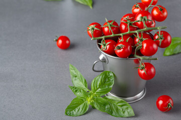 Wall Mural - Metal bucket with red ripe cherry tomatoes