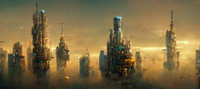 Design Of Sunset In City With A Steampunk Theme   Concept Of Future Of Steampunk , Factory City Abstract Illustation Design