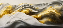 Acrylic Paint Mixed Together. Luxurious Wallpaper With Gold Dust. Elegant Waves. Milky Textures. 3D Illustration.