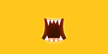 Vector Cartoon Wide Open Monster Mouth With Fangs Isolated On Orange Background. Funny And Cute Green Halloween Monster Open Mouth With Big White Teeth And Pink Tongue
