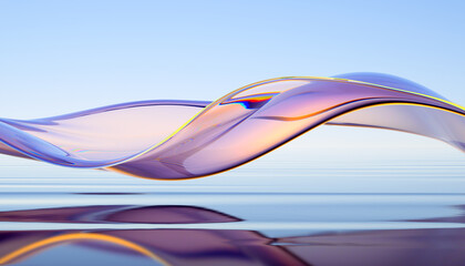 3d render abstract background in nature landscape. Transparent glossy glass flow on water. Holographic curved wave in motion. Iridescent design element for banner background, wallpaper.