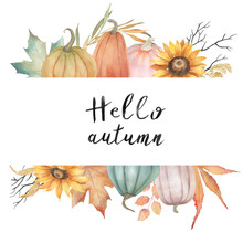 Watercolor Greeting Frame With Pumpkins And Sunflowers. Autumn Border On White Background