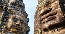 Stone Murals And Statue Bayon Temple Angkor Thom. Angkor Wat The Largest Religious Monument In The World. Ancient Khmer Architecture.  Location: Siem Reap, Cambodia.