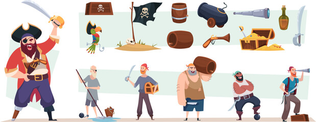 Sticker - Pirates. Aggressive ocean sailors with weapon standing in action poses exact vector cartoon templates