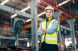 © Dearix - Portrait smart professional caucasian Industrial, factory engineer,technician,worker man stand confidence with safety helmet in steel metal sheet production, manufacture worker concept with copy space