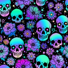 Seamless Illustration Of Holographic Bright Human Skulls And Flowers