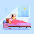 Wake-up woman. Morning sunlight and stretching beautiful girl in bedroom, wake up at bed sleep energy fresh new day, relax awake happy women person, cartoon vector illustration