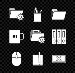 Sticker - Set Folder settings with gears, Pencil case stationery, Document folder, Computer mouse, File document, Laptop and cross mark screen, Coffee cup and icon. Vector