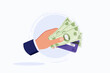 Human hand giving money to other hand. Pay for something. Hand holds credit card and banknotes. Money investments. Giving money. Modern flat design graphics for websites, web banners, infographics