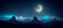 Blue Neon Moon During Night Mountain Magical Milky Way Digital Art Illustration Painting Hyper Realistic