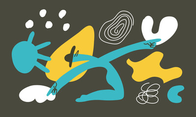 Vector illustration of abstract person dancing among geometric figures. Character moving showing hand gesture. Art design elements on black background. Male creature, contemporary graphic, shape, line