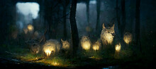 Night Scene Set Of Wolves Wolf Digital Art Illustration Painting Hyper Realistic
