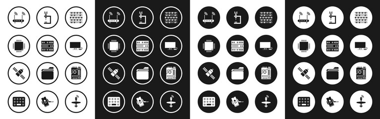 Sticker - Set Binary code, Server, Data, Web Hosting, Processor with microcircuits CPU, Router and wi-fi signal, Smart Tv, Microscope, Motherboard and Satellite icon. Vector