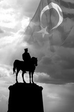 Ataturk Monument And Turkish Flag In Monochrome View. 10 Kasim Background