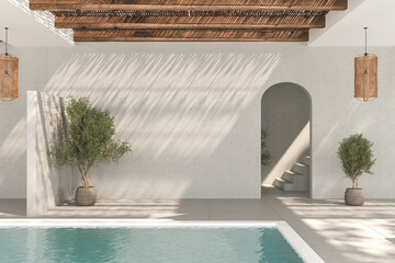 Empty large area without furniture, include plants, pool, concrete wall. Minimal design, mock up space. 3d rendering
