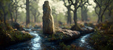 Woman Standing On Creek Looking At The Mystery Rock Digital Art Illustration Painting Hyper Realistic