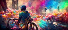 Young Man Riding A Bicycle With A Colorful Energy Digital Art Illustration Painting Hyper Realistic