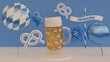 Oktoberfest 3D illustration, 3D render, festival scene with beer and pretzel in the typical bavarian colors: blue and white