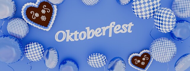 Wall Mural - Oktoberfest banner, illustration of a festival scene with balloons in the typical Bavarian colors: blue and white, 3D render