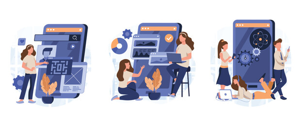 Mobile app development process abstract concept vector illustration set. React native mobile app, experience design, usability testing, user interface, software architecture abstract metaphor.