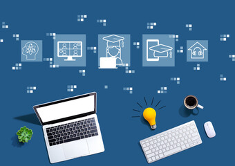 Distance learning theme with computers with a light bulb from above