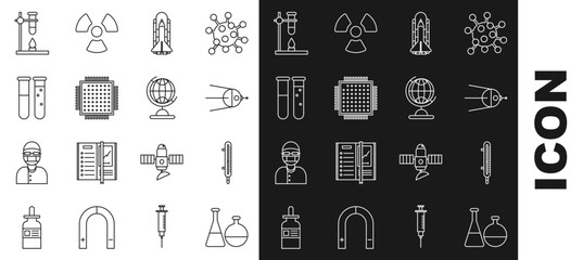 Sticker - Set line Test tube and flask chemical laboratory, Meteorology thermometer measuring, Satellite, Space shuttle rockets, Processor, Glass test on fire heater and Earth globe icon. Vector