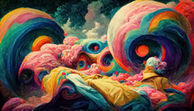 Psychedelic Trippy LSD Or Magic Mushrooms Hallucinations Hippie Concept Design. 3D Illustration.