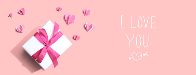 Wall Mural - I love you message with a gift box and paper hearts