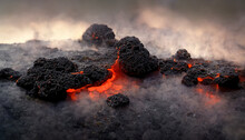 Apocalyptic Volcanic Landscape With Hot Flowing Lava And Smoke And Ash Clouds. 3D Illustration.