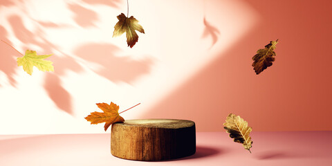 Autumn leaves with a round wooden podium - 3D render