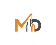 Letters MD Real Estate Construction Logo. MD Letter With Crane And Building. Contractor And Construction Work Creative Vector Illustration.