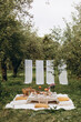 picnic party in the apple orchard. decorated picnic area in the garden.	
