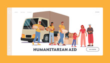 Humanitarian Aid Landing Page Template. Team Of Volunteers In Van Giving Help Boxes To Refugees, Woman With Little Girl