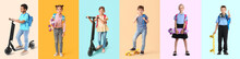 Collage Of Funny Little School Children With Skateboards And Kick Scooters On Color Background