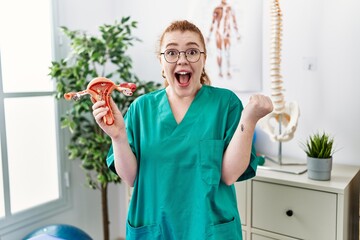 Poster - Young redhead doctor woman holding anatomical model of female genital organ screaming proud, celebrating victory and success very excited with raised arms