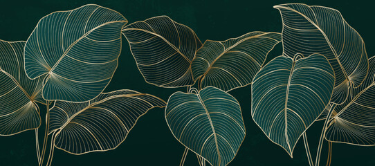 Wall Mural - dark art background with green and blue exotic leaves in golden line style. botanical tropical banne