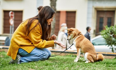 Beautiful young woman training shiba inu dog at park