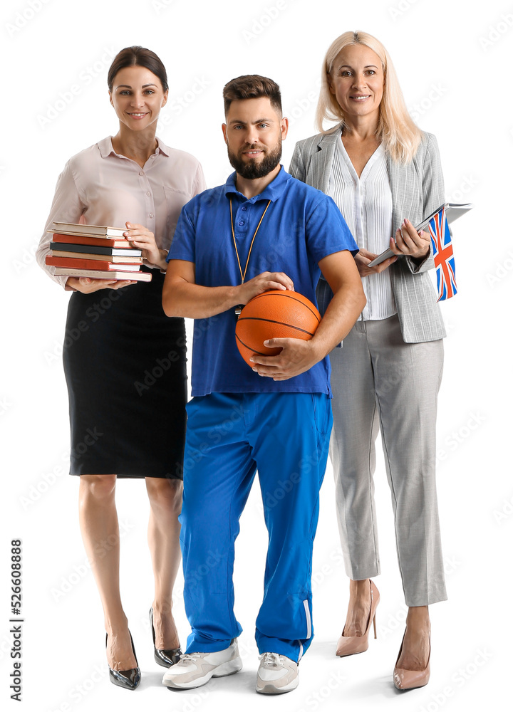 Teachers with UK flag, books and ball on white background