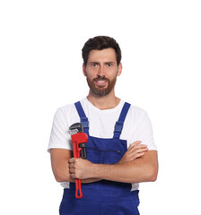 Poster - Professional plumber with pipe wrench on white background