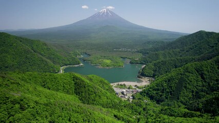 Wall Mural - 新緑の精進湖と富士山を精進峠から空撮